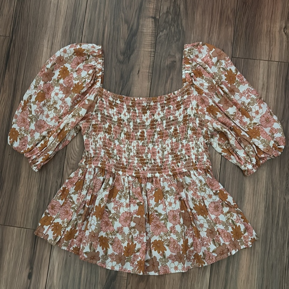 Small Blouse Top Print Floral Puff Sleeve Off Shoulder 70 Fall Spring Color Sexy